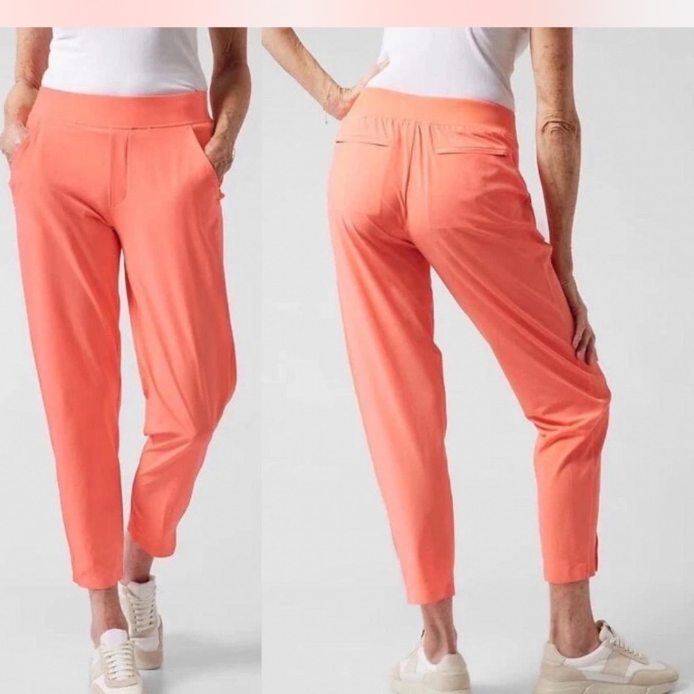 Athleta Brooklyn Ankle Pants Coral Pink Ribbed Side Stripe Tapered Leg sz 8 New